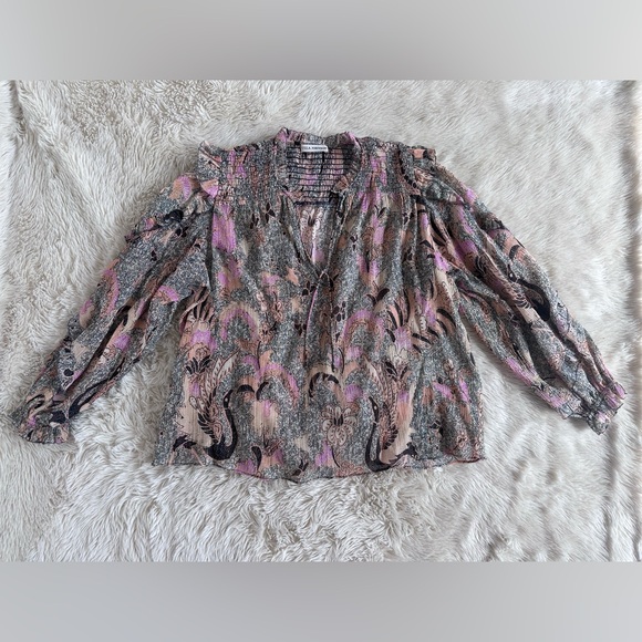 Ulla Johnson Silk Blend Ruffle Floral Lara Blouse Pink Neutral Top Size 4 - Picture 4 of 16